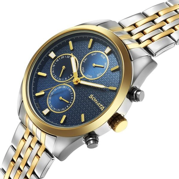 Sonata 7155BM01 Men’s Blue Dial Two‑Tone Stainless Steel Multifunction Quartz Watch