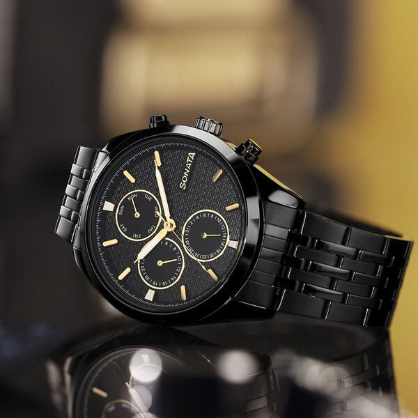 Sonata 7155NM01 Men’s Black Dial Black Stainless Steel Multifunction Quartz Watch