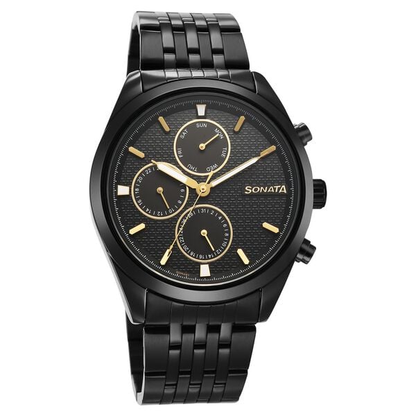 Sonata 7155NM01 Men’s Black Dial Black Stainless Steel Multifunction Quartz Watch