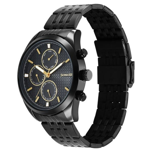 Sonata 7155NM01 Men’s Black Dial Black Stainless Steel Multifunction Quartz Watch