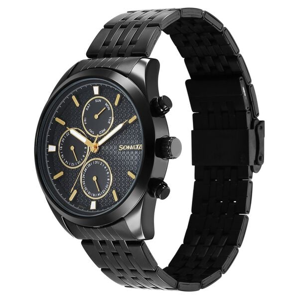 Sonata 7155NM01 Men’s Black Dial Black Stainless Steel Multifunction Quartz Watch