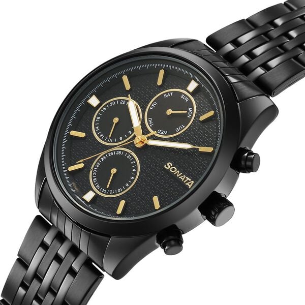 Sonata 7155NM01 Men’s Black Dial Black Stainless Steel Multifunction Quartz Watch