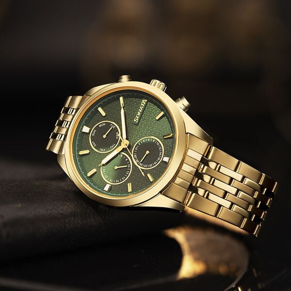 Sonata 7155YM01 Men’s Green Dial Golden Stainless Steel Multifunction Quartz Watch