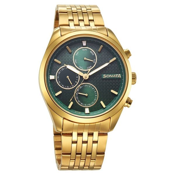 Sonata 7155YM01 Men’s Green Dial Golden Stainless Steel Multifunction Quartz Watch