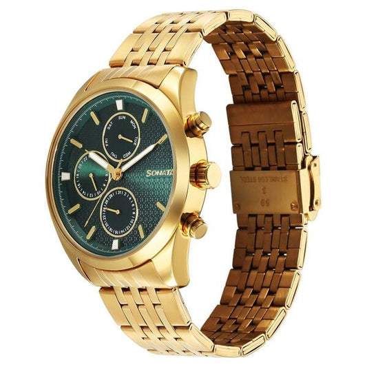 Sonata 7155YM01 Men’s Green Dial Golden Stainless Steel Multifunction Quartz Watch