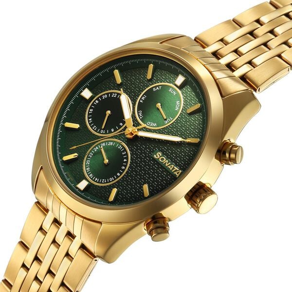 Sonata 7155YM01 Men’s Green Dial Golden Stainless Steel Multifunction Quartz Watch