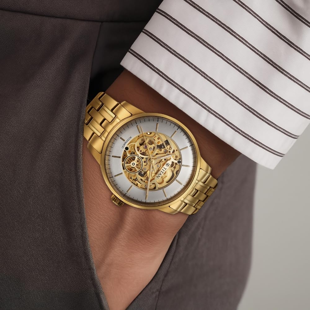 Titan 90110YM01 Golden Heart Automatic Skeleton Silver & Gold Dial Men's Stainless Steel Watch
