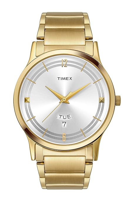 Stylish Timex men's gold-tone stainless steel watch with silver face and quartz movement