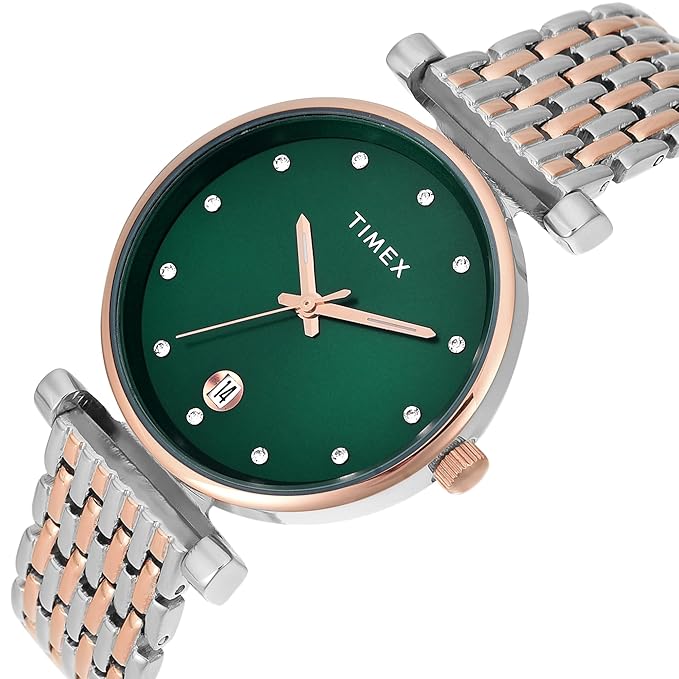 Timex TWEL21603 Women’s Green Dial Analog Watch with Stainless Steel Strap