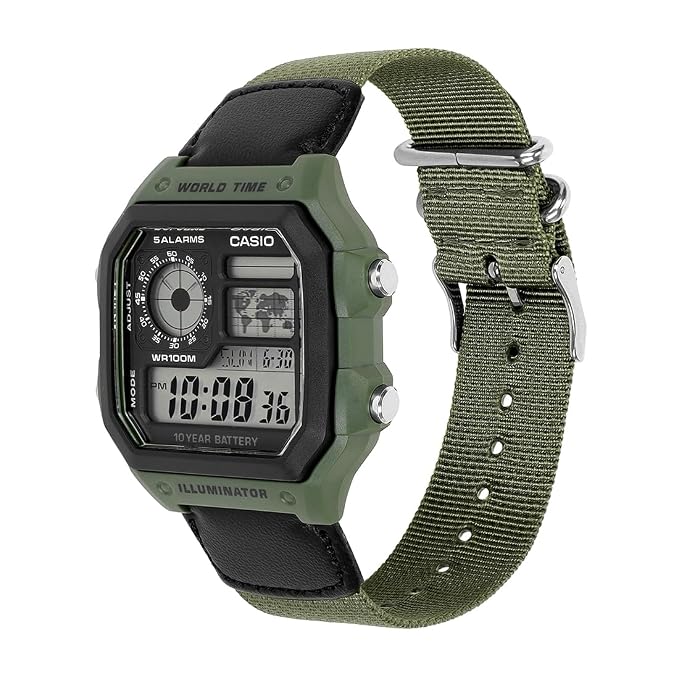 Casio D101 World Time Digital Green Fabric Strap Unisex Watch