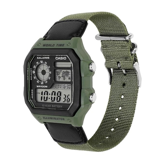 Casio D101 World Time Digital Green Fabric Strap Unisex Watch