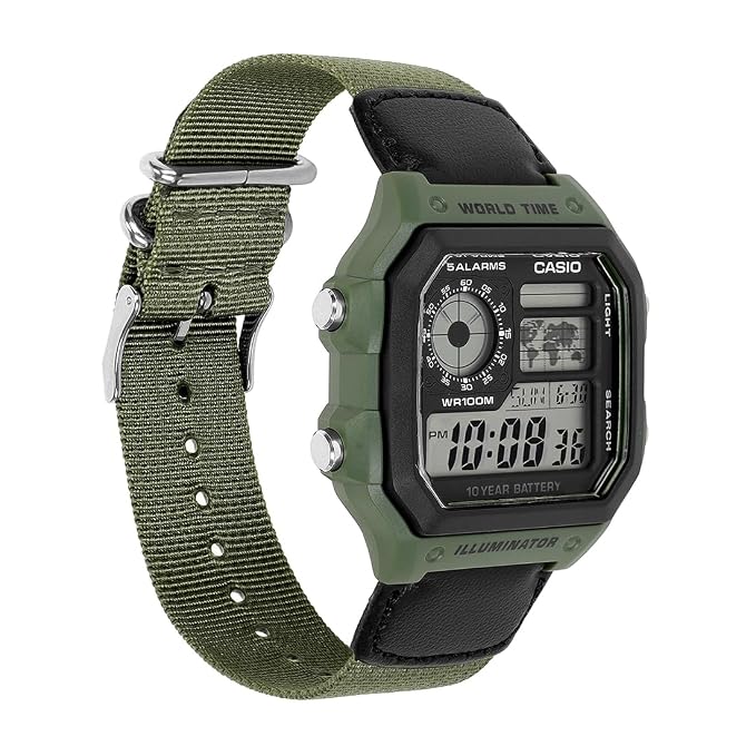 Casio D101 World Time Digital Green Fabric Strap Unisex Watch