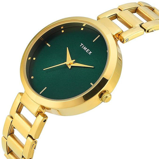 Timex TW000X275 Green Dial Analog Watch for Women – Stainless Steel Strap, Round Brass Case, 35 MM