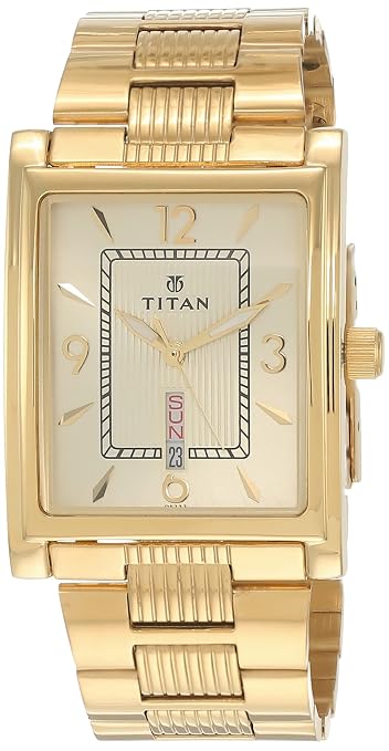 Titan 90024YM07 Champagne Dial Analog Quartz Stainless Steel Men’s Watch – Golden Band, Rectangular Case, Day & Date