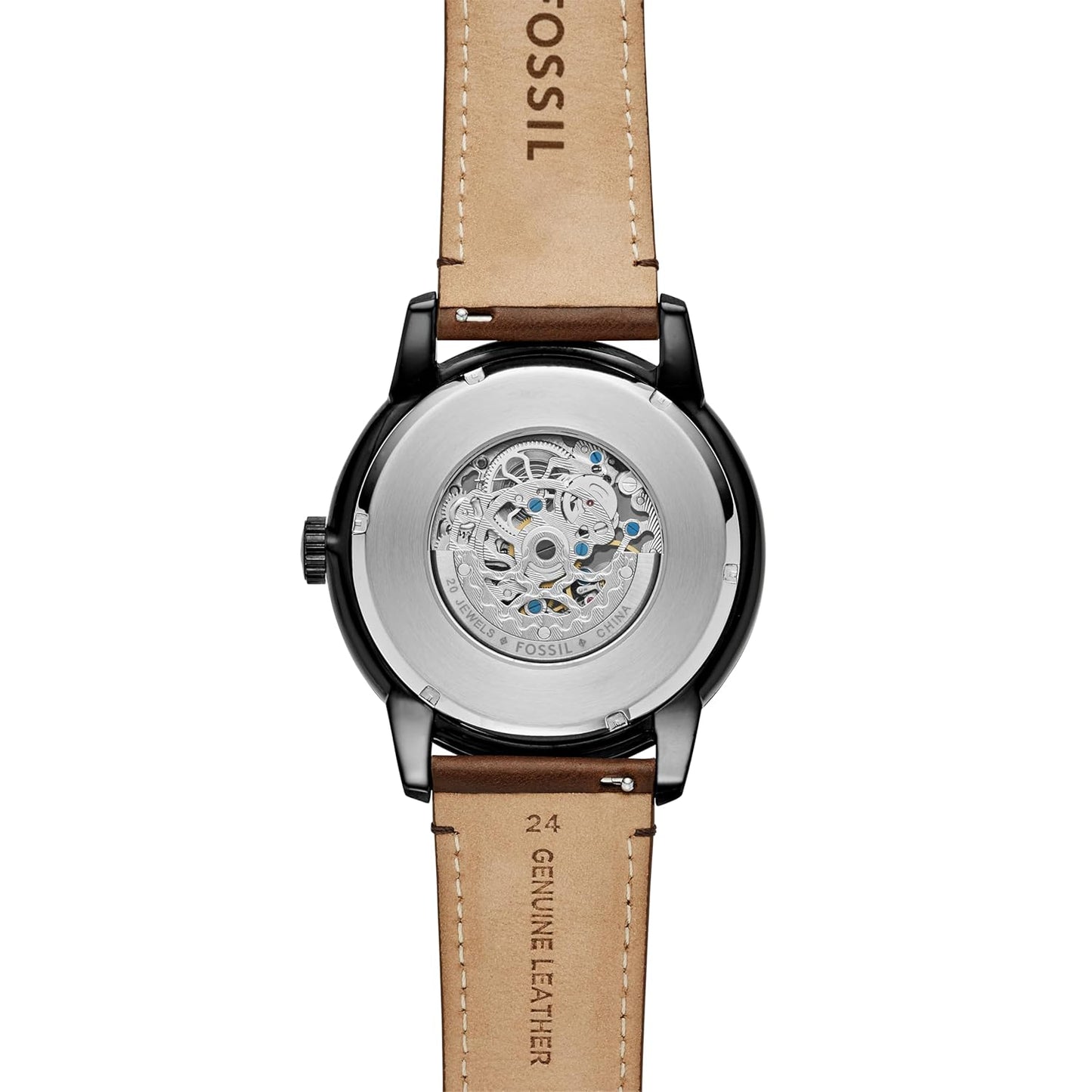 Fossil ME3155 Men's Automatic Skeleton Watch Black Skeleton Dial Brown Leather Strap