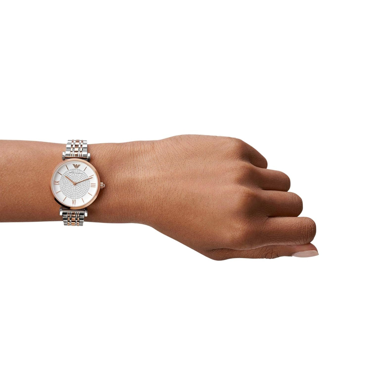 Emporio Armani AR1926 Gianni T-Bar Women's White Dial Two-Tone Rose Gold Stainless Steel Watch