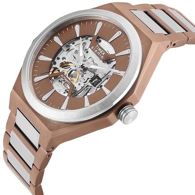 Timex TWEG33901 Signio Automatic Coffee Skeleton Dial Brown Leather Strap Men's Watch