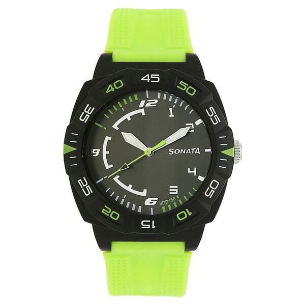 Sonata 77008PP03CJ SF Quartz Analog Black Dial Green Plastic Strap Watch for Men