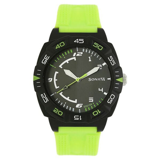 Sonata 77008PP03CJ SF Quartz Analog Black Dial Green Plastic Strap Watch for Men