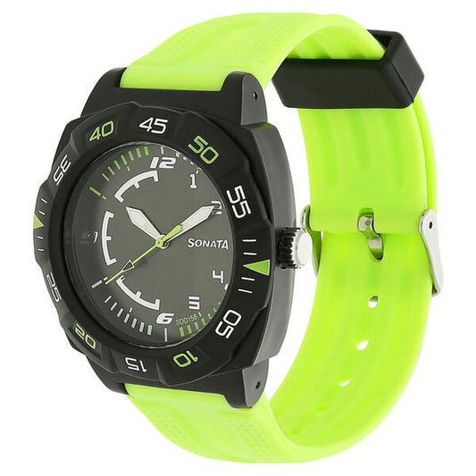 Sonata 77008PP03CJ SF Quartz Analog Black Dial Green Plastic Strap Watch for Men