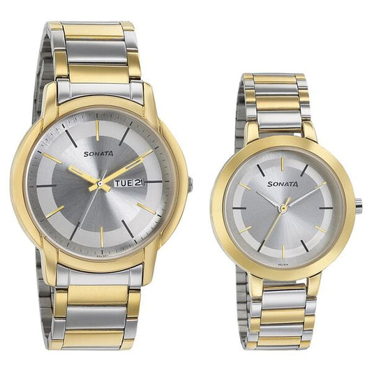 Sonata 770318141BM01 Silver Dial Couple’s Quartz Analog Watch Set