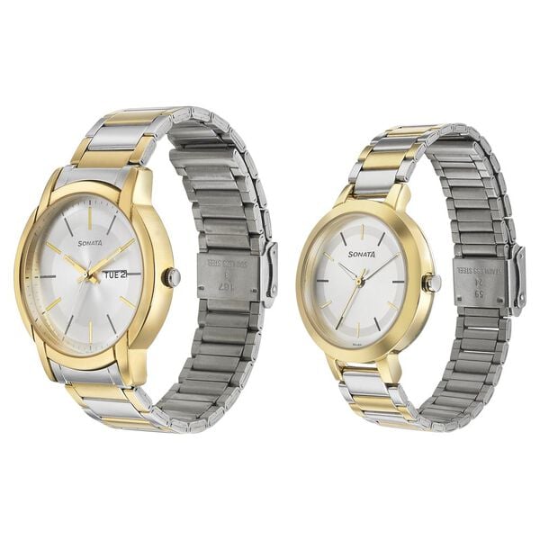 Sonata 770318141BM01 Silver Dial Couple’s Quartz Analog Watch Set