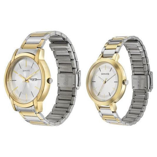Sonata 770318141BM01 Silver Dial Couple’s Quartz Analog Watch Set