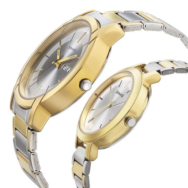 Sonata 770318141BM01 Silver Dial Couple’s Quartz Analog Watch Set