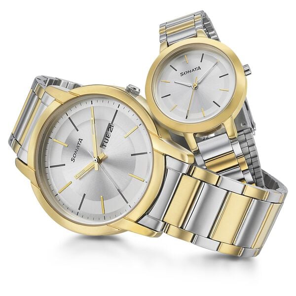 Sonata 770318141BM01 Silver Dial Couple’s Quartz Analog Watch Set