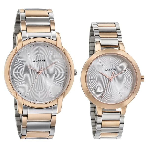Sonata 770318141KM01P Quartz Analog Silver Dial Two-Toned Metal Strap Couple Watch