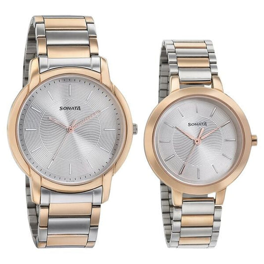 Sonata 770318141KM01P Quartz Analog Silver Dial Two-Toned Metal Strap Couple Watch