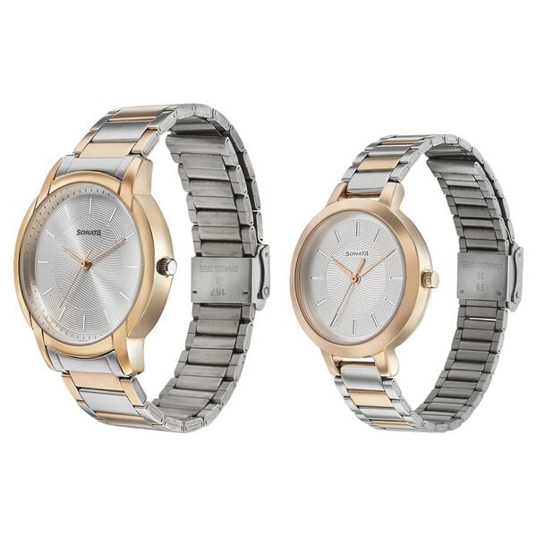 Sonata 770318141KM01P Quartz Analog Silver Dial Two-Toned Metal Strap Couple Watch
