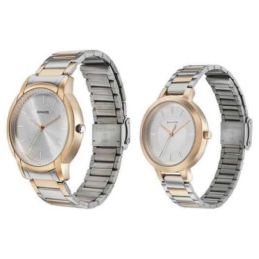 Sonata 770318141KM01P Quartz Analog Silver Dial Two-Toned Metal Strap Couple Watch