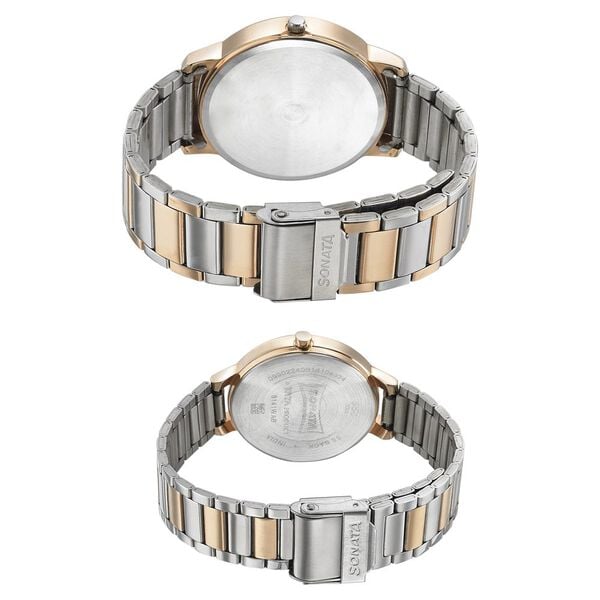 Sonata 770318141KM01P Quartz Analog Silver Dial Two-Toned Metal Strap Couple Watch