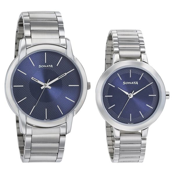 Sonata 770318141SM01P Quartz Analog Blue Dial Metal Strap Couple Watch Set