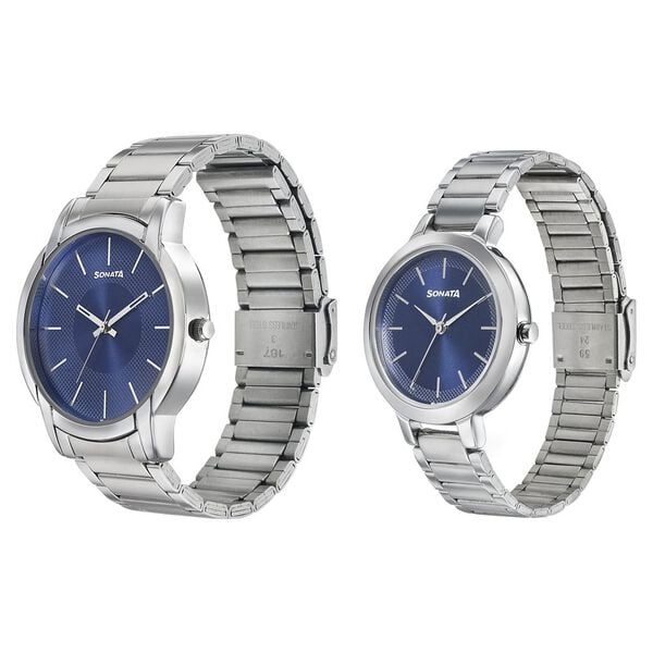 Sonata 770318141SM01P Quartz Analog Blue Dial Metal Strap Couple Watch Set