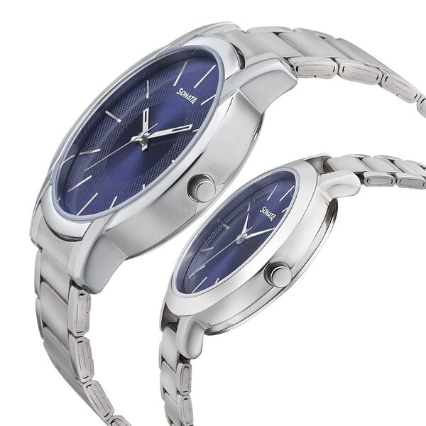 Sonata 770318141SM01P Quartz Analog Blue Dial Metal Strap Couple Watch Set