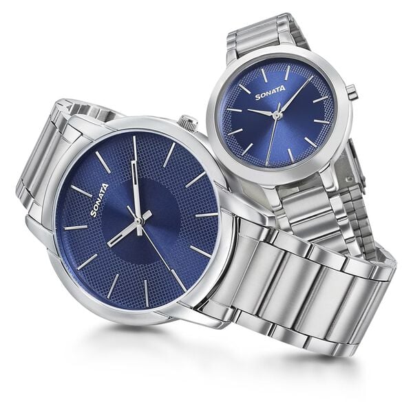 Sonata 770318141SM01P Quartz Analog Blue Dial Metal Strap Couple Watch Set