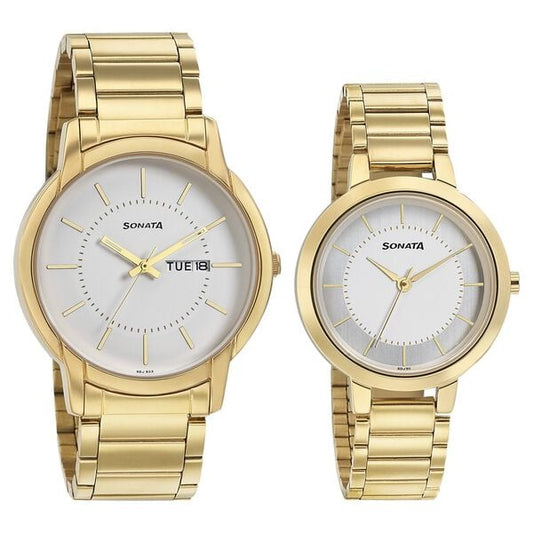 Sonata 770318141YM01 Stylish White & Gold Couple’s Quartz Analog Watch Set