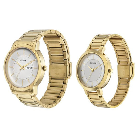 Sonata 770318141YM01 Stylish White & Gold Couple’s Quartz Analog Watch Set