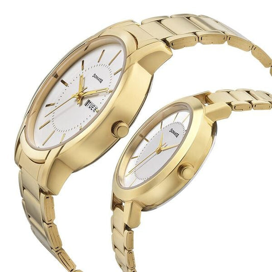 Sonata 770318141YM01P Quartz Analog White Dial Metal Strap Couple Watch