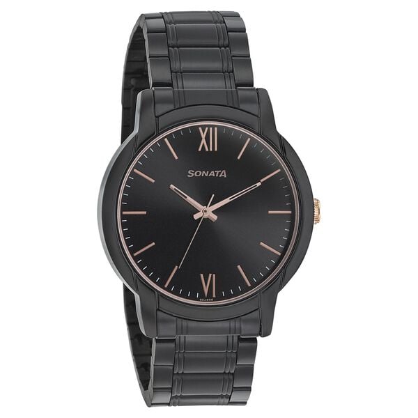 Sonata 77031KM03 Beyond Gold Quartz Analog Black Dial Black Metal Strap Watch for Men