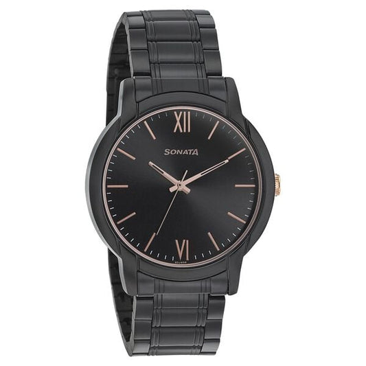 Sonata 77031KM03 Beyond Gold Quartz Analog Black Dial Black Metal Strap Watch for Men