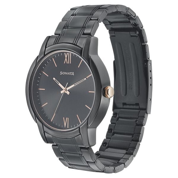 Sonata 77031KM03 Analog Quartz Watch for Men – Black Dial, Black Metal Strap