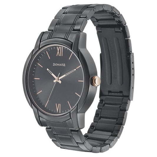Sonata 77031KM03 Analog Quartz Watch for Men – Black Dial, Black Metal Strap
