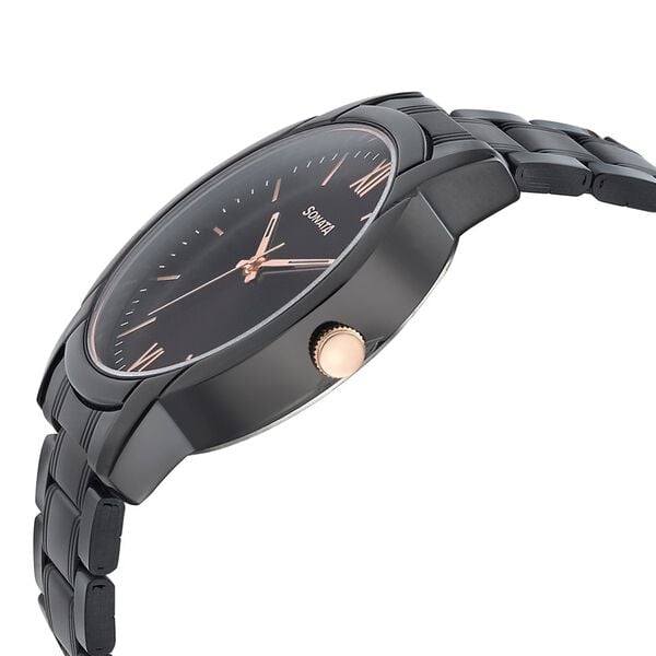 Sonata 77031KM03 Beyond Gold Quartz Analog Black Dial Black Metal Strap Watch for Men