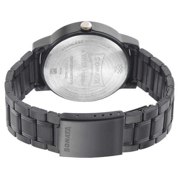 Sonata 77031KM03 Analog Quartz Watch for Men – Black Dial, Black Metal Strap