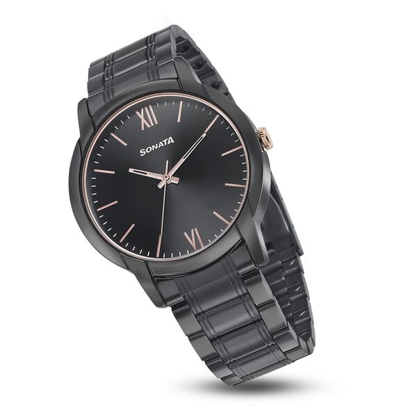Sonata 77031KM03 Beyond Gold Quartz Analog Black Dial Black Metal Strap Watch for Men