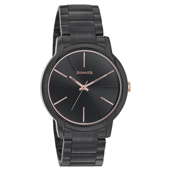 Sonata 77031KM04 Quartz Analog Black Dial Men’s Watch with Black Metal Strap