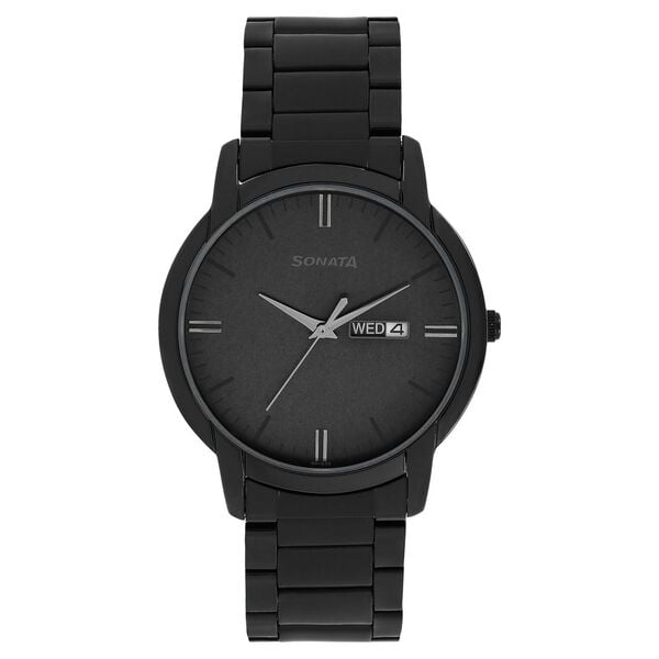 Sonata 77031NM03 Analog Quartz Men Watch with Black Dial, Day-Date & Black Stainless Steel Strap